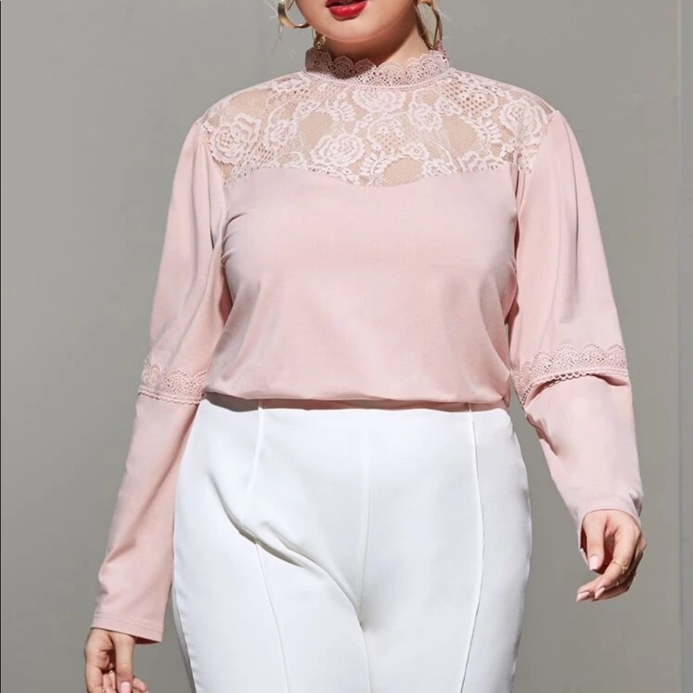 Pink Lace Scalloped Mock Neck Blouse